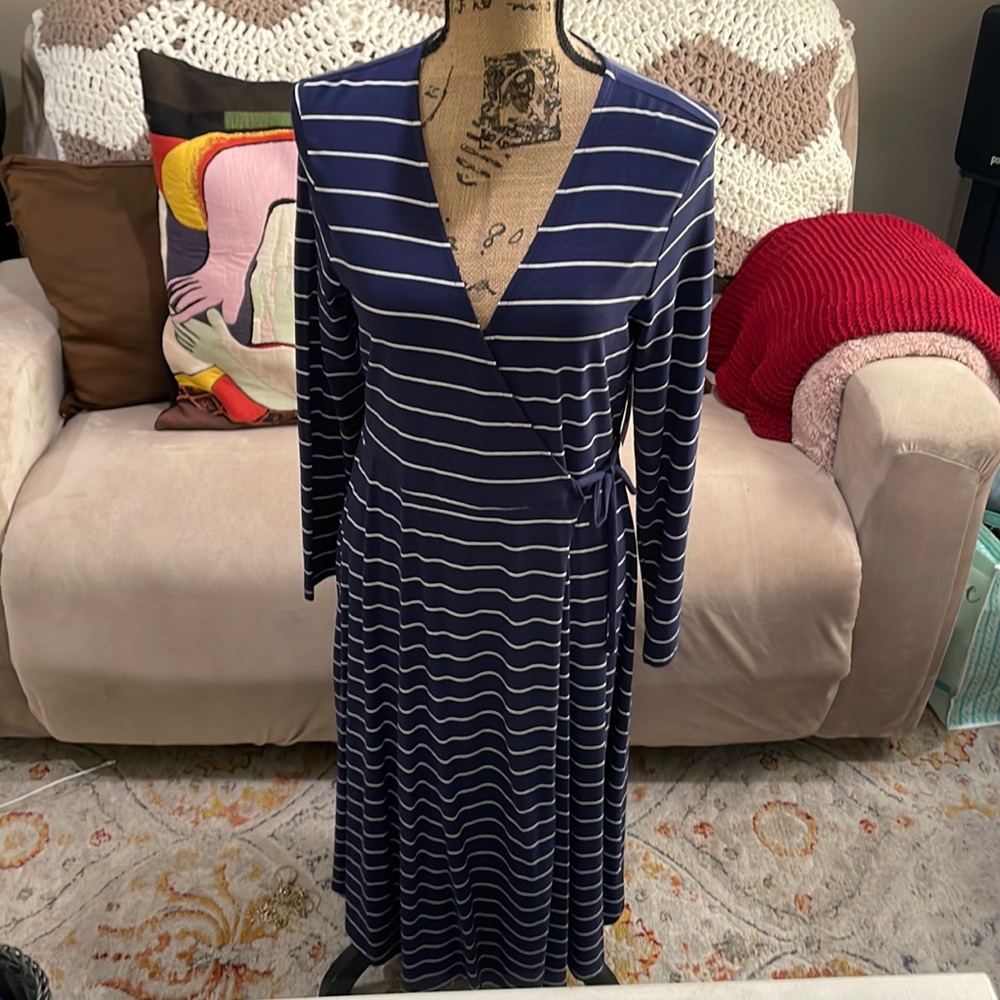 navy blue and white striped faux wrap, maxi dress